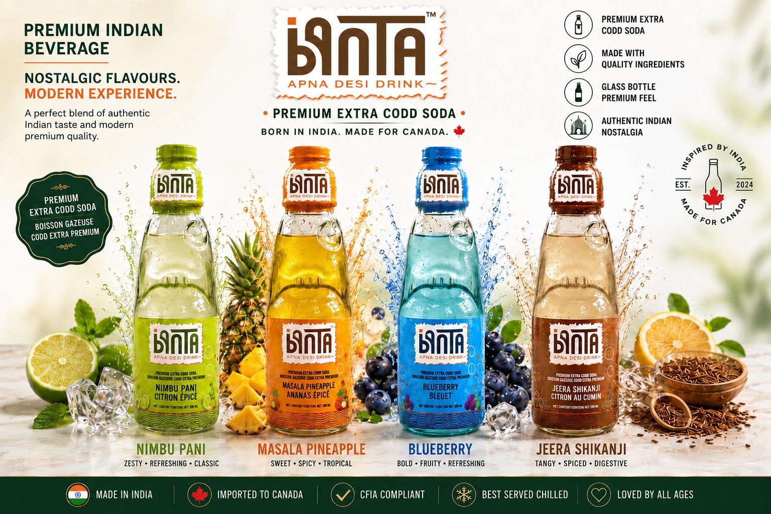 Banta premium Codd-neck sodas — Nimbu Pani, Masala Pineapple, Blueberry, Jeera Shikanji