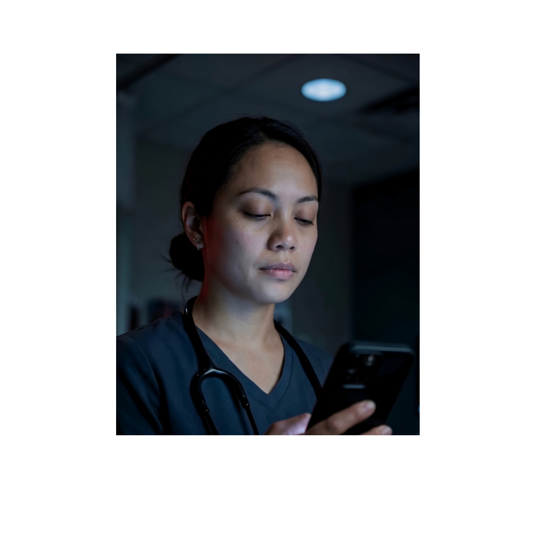 ER nurse checking a reference on her phone during a night shift